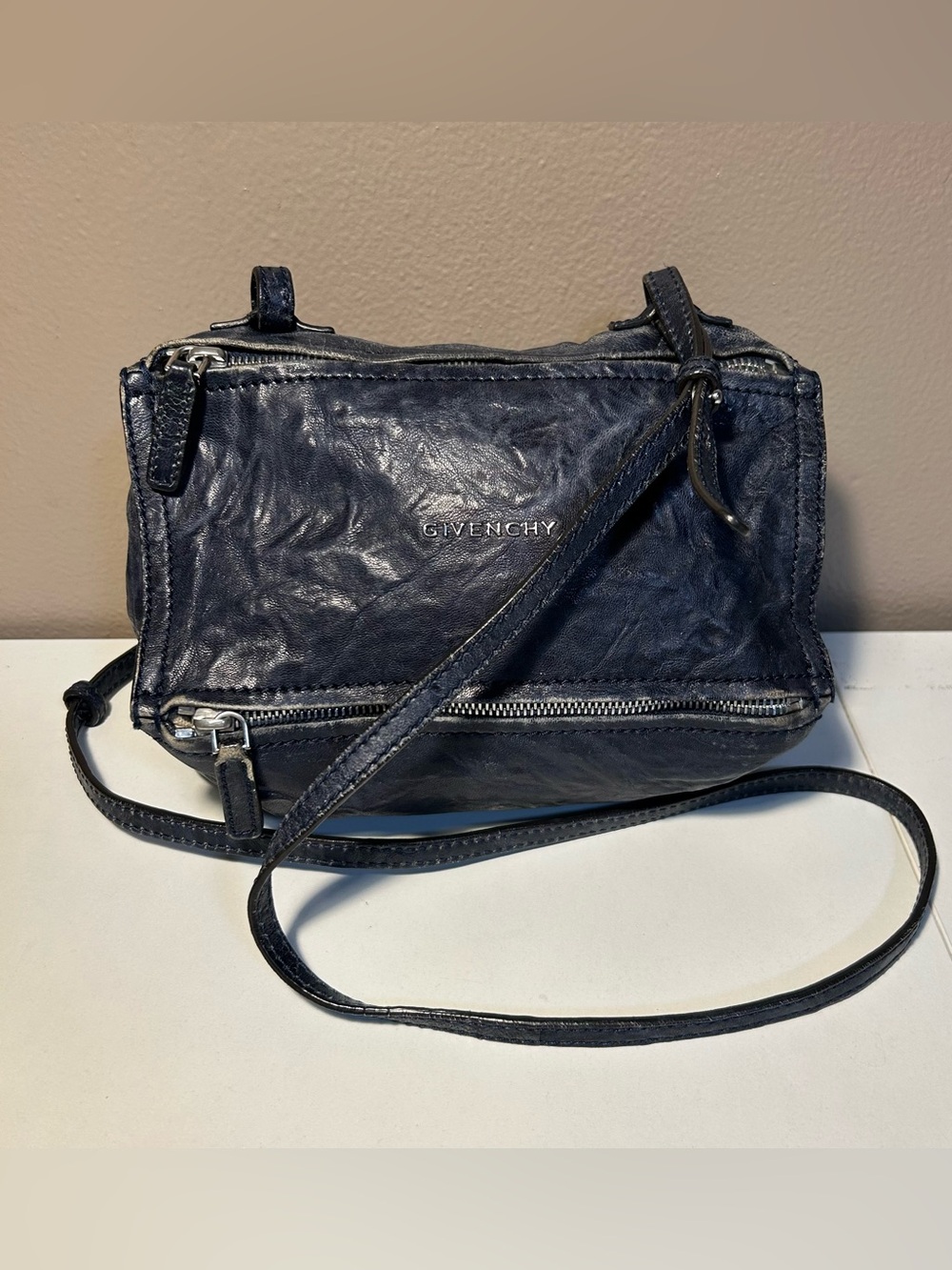 Givenchy Crossbody Bag Blue Distressed Sheepskin Leather Crinkled Mini Pepe